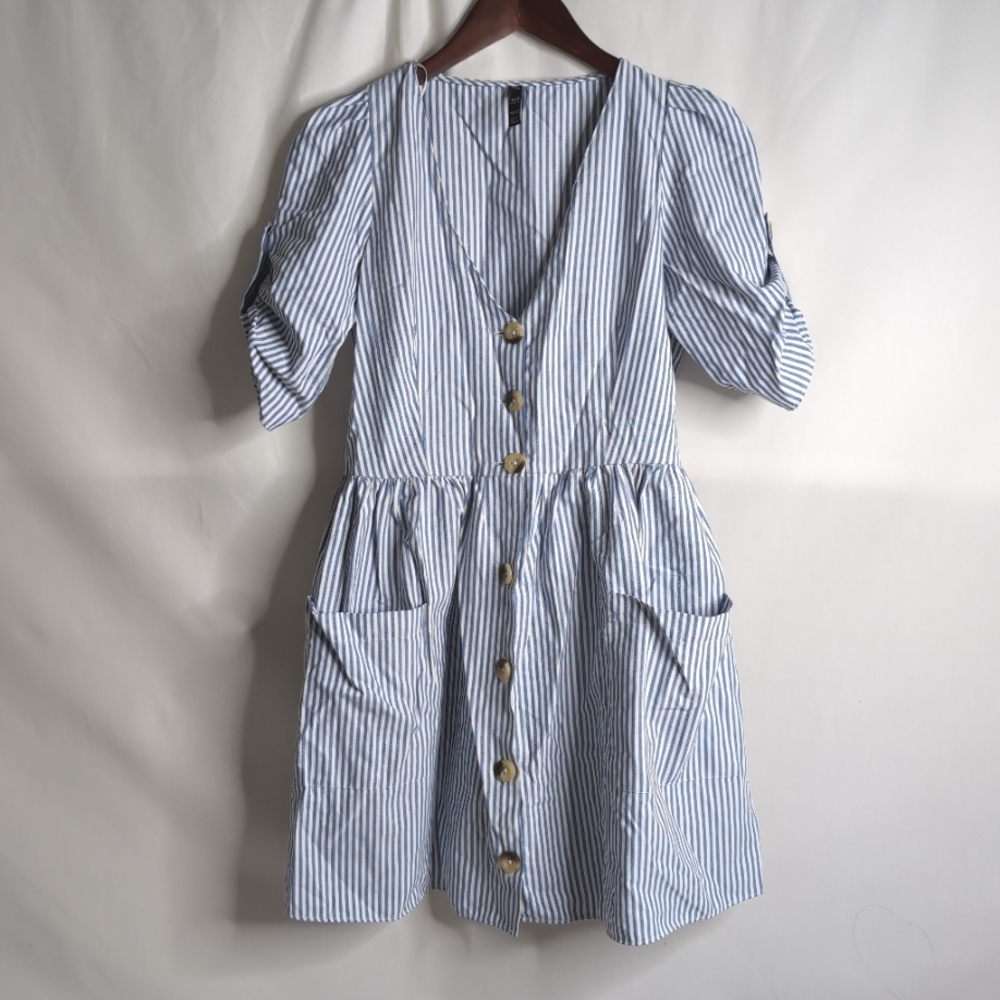 Zara TRF Pin Stripe Poplin Dress with Pockets, Size S